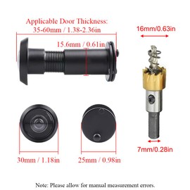 Door Viewer, Solid Brass 220 Degree Peephole, with 16mm (5/8") Drill Bit Wide Angle Door Spy Hole, Security for Front Door for 35-60mm Thick Doors Peep Hole, Door Spyhole for Safety, Black