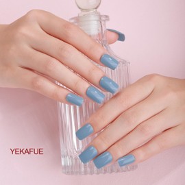 Yekafue No Lamp Gel Nail Strips 22 Pcs Wraps - Muddy Blue, Solid, Easy Apply Gel Nail Stickers Long Lasting, Salon-Quality, 2 Prep Pads, 1 File, 1 Wooden Stick