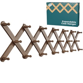 OROPY Wood Accordion Wall Hanger, Expandable Coat Rack Wall Mount with 20 Pegs, Expanding Hat Rack for Wall Walnut Color