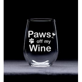 C M Paws Off My Wine Funny Stemless Wine Glass - Funny Dog Lover Gift for Women and Men - 17 oz.