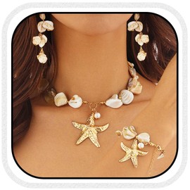 Brishow Starfish Necklace and Earring Set Mermaid Shell Choker with Bracelet Beach Wedding Jewelry Sets for Women (Gold)