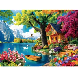 300 Piece Puzzles for Adults,Vintage Lake House Jigsaw Puzzle for Adults Kids Elderly,Large Piece Tree Puzzle for Kids Age 8-10 10-12,Challenging Landscape Puzzle,Family Game Great Gift 20.5x15in