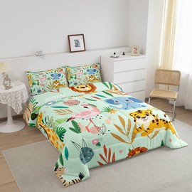 Feelyou Nursery Cute Wild Animals Kids Bedding Set Twin Size for Girls Boys Child Cartoon Lion Giraffe Elephant Comforter Decor Nature Wildlife Comforter Set Zoo Animal Theme Duvet Quilt Set
