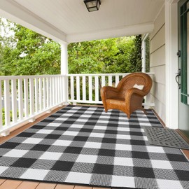 dainslef Outdoor Rugs 9x18 Waterproof Portable for Patio, Reversible Outdoor Plastic Straw Rug for Camping, RV Mat Modern Plaid Outdoor Rugs for Porch, Deck, Backyard, Balcony, Picnic,Black/White