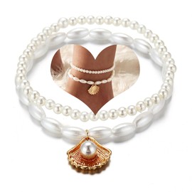Dishowme Pack of 2 Pearl Shell Anklet Bracelet Vintage Faux Pearl Anklet Hawaiian Puka Shell Anklet Summer Beach Jewellery for Women Girls Faux Pearls Alloy, Metal faux pearls