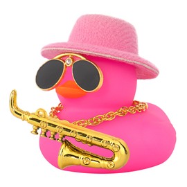 wonuu Car Dashboard Ducks, Saxophone Decor Rubber Duck Car Ornaments with Mini Top Hat Necklace Sunglasses (Pink)
