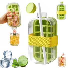 Ice Cube Bottle, 2 in 1 Touch-Free Ice Cube Tray Water Bottle with Lid and Bin, Ice Cube Making Bottle with Straw & Strap, Perfect for Juice, Coffee, Soda and Other Beverages