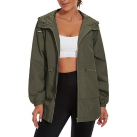 PESION Women's Waterproof Raincoat Lightweight Rain Jacket Trench Coat Hooded Windbreaker With Pockets for Outdoor, Army Green, Small