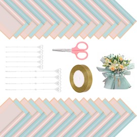 Swpeet 40 Sheet Gold Edge Pastel Pink & Clear Sky Blue Flower Wrapping Paper with Floral Picks Card Holders Ribbon Roll and Scissors Kit, Florist Supplies Bouquet Packaging Paper for Wedding