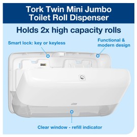 Tork Twin Mini Jumbo Toilet Paper Roll Dispenser White T2, Protects Rolls, Elevation Range, 5555200