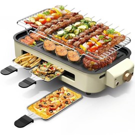 OVENTE 2-in-1 Electric Indoor Grill, 1500W Smokeless Korean BBQ Griddle with Non-Stick Removable Cooking Plate, 3 Raclette Cheese Pans, Adjustable Temperature Control, Dishwasher Safe, Beige BQR1502B