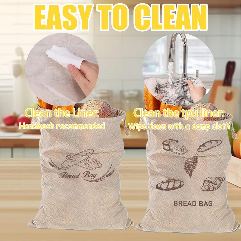 2 Pcs Linen Bread Bag with TPU Plastic Lining,Eco Reusable