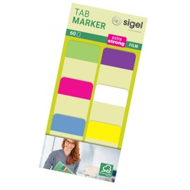 Sigel HN203 Tab Markers, Index Tab Flags, Extra-Strong, Removable, Transparent with Colored Tips (red, Magenta, Blue, Cyan, Green, Yellow), 0.89 x 1.5 inches, 60 tabs on six Small Boards