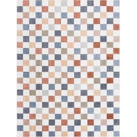 Hauteloom Alia Contemporary Checkered Area Rug - Modern Geometric Bordered Carpet for Living Room - Checkboard Design - Square Tiles - Contemporary - Blue, Brown, Red, Colorful, White - 5'3" x 7'
