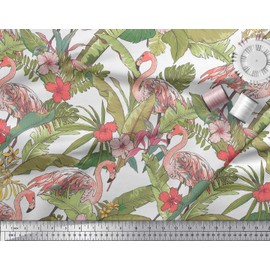 Soimoi White Cotton Cambric Fabric Flamingo & Leaves Tropical Printed Fabric 1 Yard 42 Inch Wide