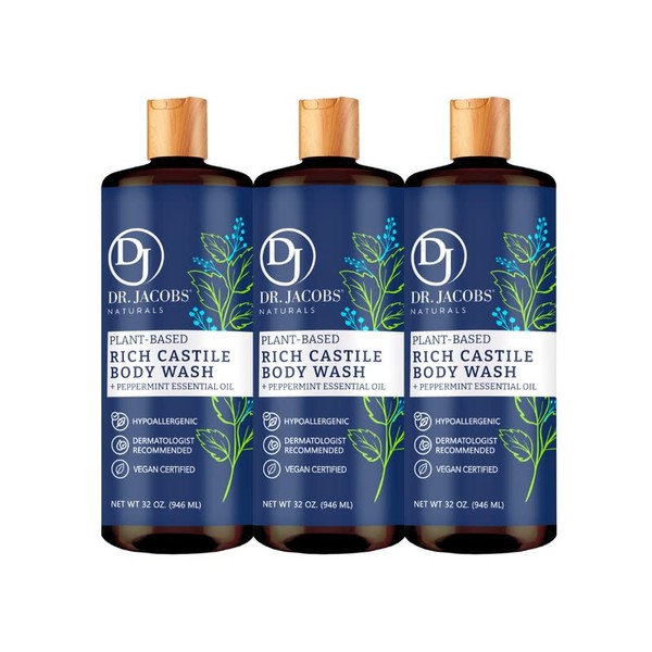 DR.JACOBS NATURALS All-Natural Castile Peppermint Body Wash with Plant-Based Ingredients - Gentle and Effective - Sulfate-Free, Paraben-Free and Cruelty-Free Formula for Nourished Skin (32 oz, 3 Pack)