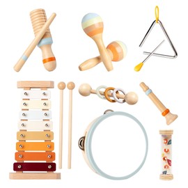Baby Musical Instruments-Montessori Wooden Toys for Toddlers 18months Neutral Colors Percussion Instruments Set with Modern Boho Xylophone for Kids Preschool Educational (8PCS)