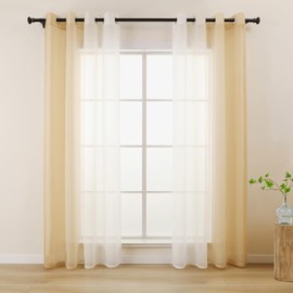 L.Z.E Beige White Voile Curtains for Living Room, Light Beige Ombre Sheer Curtain for Bedroom Kitchen Bay Windows, Transparent, 90 Inch Drop 225 cm Long, Colour Gradient Design, with Eyelet
