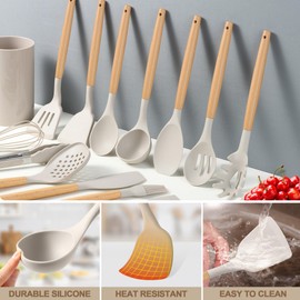 LIANYU 15-Piece Kitchen Cooking Utensils Set with Holder, Silicone Kitchen Tools Include Spatula Tong Slotted Spoon Turner Whisk Brush, Wooden Handle Kitchen Gadgets for Nonstick Cookware, Khaki