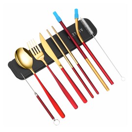 Lattliv Juego de cubiertos portátiles de viaje, 8 piezas, reutilizables, de acero inoxidable, incluye tenedor, cuchillo, cuchara, palillos, filtro, popotes, cepillo para polvo de limpieza seguro con funda (rojo dorado) 1