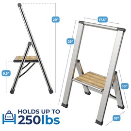 Step Ladder 1 Step Folding, Decorative - Beautiful Bamboo & Silver Aluminum, Ultra Slim Profile, Anti Slip Steps, Sturdy-Portable for Home, Office, Kitchen, Photography Use,by SORFEY