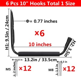 Heavy Duty 10 Inches Jumbo Arm Indoor Outdoor Storage Wall Hanging Hooks, Garage and Garden Steel Organizer Rack (Black, 6 Pack with Protector)