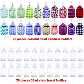 Duufin 40 Pieces Empty Travel Bottle Holders Keychain Set Include 20 Pieces Hand Sanitizer Holder Keychains and 20 Pieces Reusable Flip Cap Travel Bottles for Hand Sanitizer