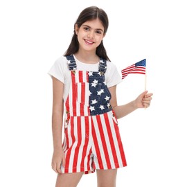 AOBUTE Memorial Day Denim Bib Overalls for Boys Girls American Flag Stars Stripes Printed Shortsalls with Pockets 13-15 Years