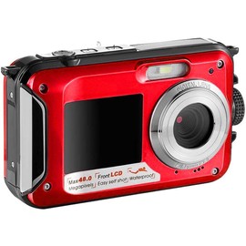 Acuvar 48MP Megapixel Waterproof Dual Screen Full HD 1080P Digital Camera for Underwater Photo and Video Recording for Selfies with LED Flash Light for Adults and Kids + 32GB SD Card (Red)