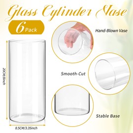6 Pcs Glass Cylinder Vase for Centerpieces 8 Inch Tall Glass Flower Vases Modern Clear Hurricane Candle Holder Floral Vase Bulk for Table Shelf Party Home Wedding Decor (8 x 3.35 Inch)