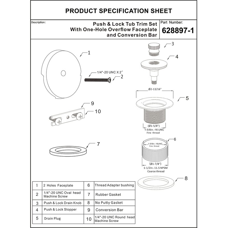 Artiwell Push & Lock Tub Trim Set with Single-Hole Overflow
