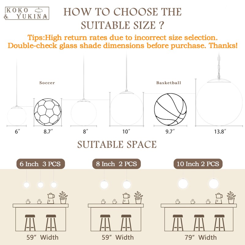KoKo&Yukina 8 Inch Globe Pendant Lighting for Kitchen Island Mid