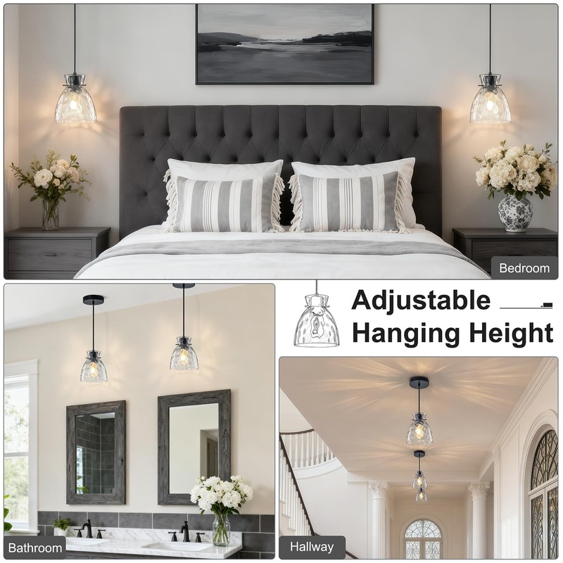 6" Mini Hammered Glass Black Pendant Lights Kitchen Island Lighting
