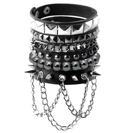 Eigso Set of 4 Gothic Punk PU Leather Bracelet with Studs Chains Gallstone Button Closure Women Men, Leather