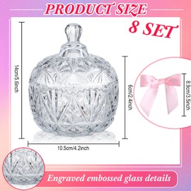 Mimorou 8 Pcs Glass Candy Jar with Lids and Bows Crystal Decorative Candy Dish with Satin Ribbon Mini Bows Covered snack Bowl Cute Jewelry Box Cookie Snack Jar for Home Wedding Decor Gift (Pink)