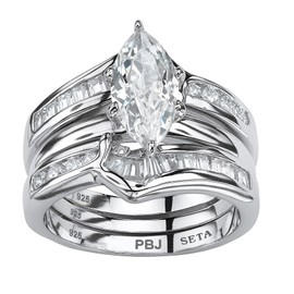 PalmBeach Yellow Gold-Plated or Sterling Silver Marquise Cut and Baguette Cubic Zirconia 2 Piece Jacket Bridal Ring Set Size 6
