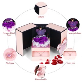 Preserved Rose Gifts Set Includes 925 Sterling Silver Necklace with Double Heart Jewelry Design, Anniversary Valentines Birthday for Her, Wife, Girlfriend from Husband and Boyfriend