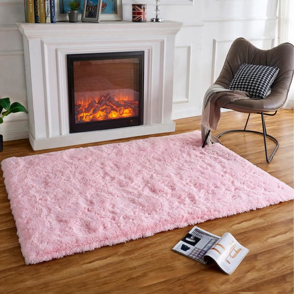 HARESLE Shaggy Fluffy Rugs High Pile Pink Rugs Non Slip Pure Color Plush Rugs Small Shag Mats(Light Pink/60×120 cm)