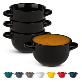 Soup Bowls, French Onion Soup Bowls, by Kook, Soup Crocks, Oven Safe Bowls, Soup Mugs, Ceramic Bowls, Dishwasher, Microwave, Set of 4, 18 oz (Black)