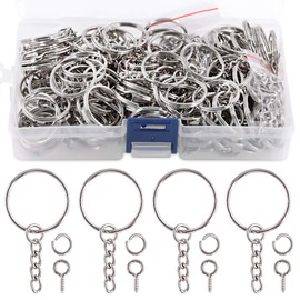 Swpeet 450Pcs 1 Inch 25mm Sliver Flat Key Chain Rings Kit, Including 150Pcs Split Keychain Rings with Chain and 150Pcs Jump Ring with 150Pcs Screw Eye Pins Bulk for Jewelry Findings Making