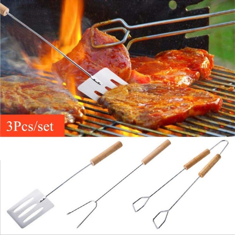 JMS® 3pcs/set Chrome BBQ Forks Roasting Sticks Wooden Handle Chicken