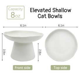VCEPJH Raised Cat Food Bowls Shallow Cat Plate Ceramic Elevated Cats Dish 6.1in Flat Anti Whisker Fatigue Wide Pet Food & Water Feeder for Indoor Kitty Kitten (White)