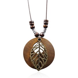 QIAOLEHUI Vintage Bronze Tree of Life with Wood Pendant Necklace Bronze Leaf Long Leather Sweater Necklace Jewelry Gifts for Women (Leaf)