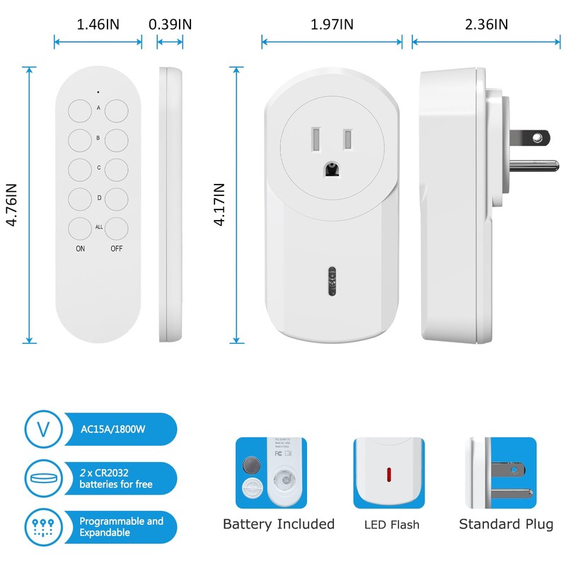SURNICE Remote Control Outlet Plug with 15A/1800W, 130 Ft RF