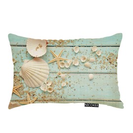 Nicokee Throw Pillow Cover Ocean Shell Starfish Light Green Wooden Board Decorative Pillow Case Home Decor 20x12 Inches Pillowcase