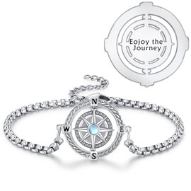 YueYuan Compass Bracelet for Women Girls 925 Sterling Silver Nautical Compass Inspirational Graduation Gifts/Going Aways Gifts/Retirement Gifts etc, Enjoy the Journey Engraved,9"