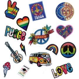 Joynaamn 14 PCS Iron on Patches for Clothing, Embroidered Decoractive Applique with Sewing Kit for Backpack Jackets Jeans Shirt, Sew on DIY Vintage Patches for 1970s Party, Hippie Aesthetic