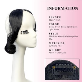 VAVANGA Long Side Bangs Clip in Hair 2PCS Set, Black Color Thick Wavy Curly Hair Bangs Clip on Natural Curly Swept Bangs Fake Fringe Bangs Long Temple Hair Pieces for Women (Black)