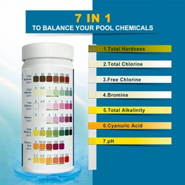 7 Way Pool Test Strips, 150 Fast and Accurate Pool and Spa Test Strips, Pool Water Test Kit - Chlorine, Bromine, PH, Hardness, Alkalinity, Pool Water Tests, Strips