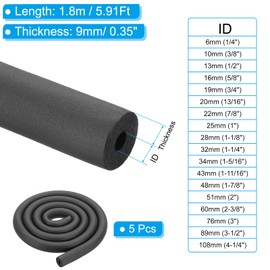 PATIKIL 1/4"(6mm) ID x 6Ft Pipe Insulation Foam Tube, 5Pcs Pipe Cover Wrap Roll Bar Padding Tubing for Handle Grip HVAC Outdoor Air Conditioner Units, Black